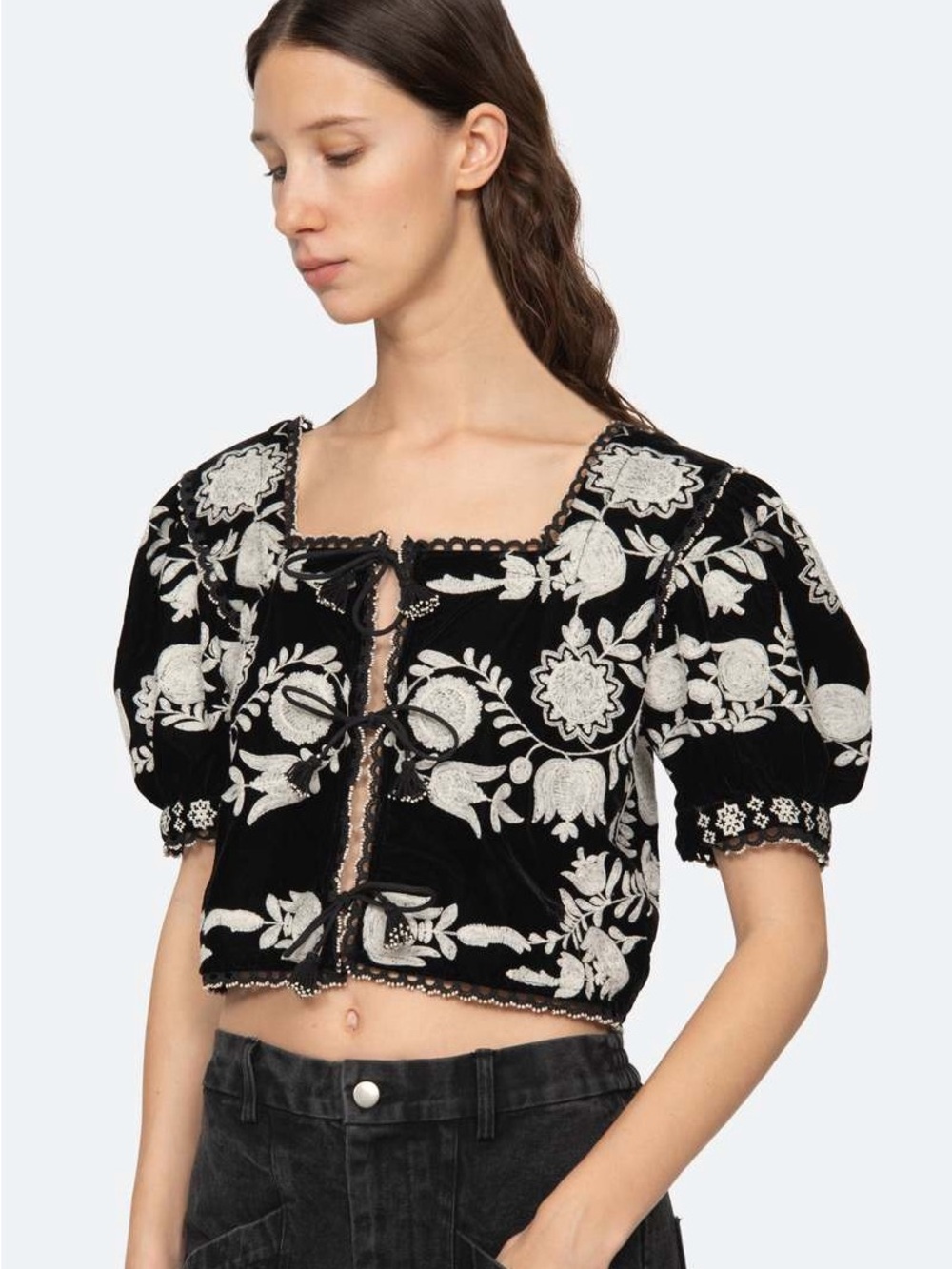 Sea New York Black Velvet Crop Top with White Floral Embroidery